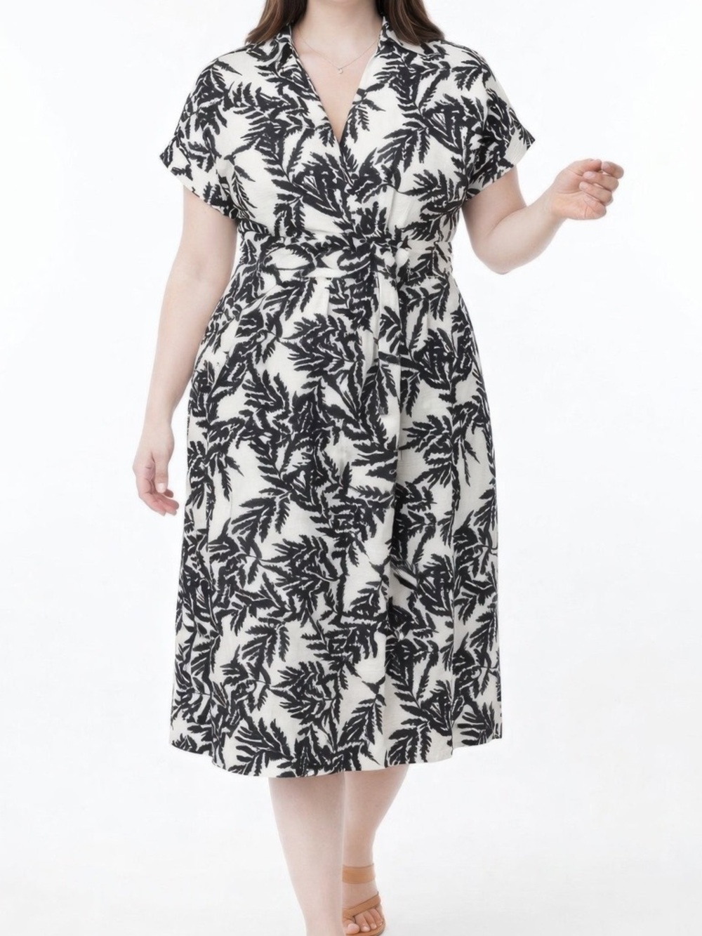 Botanical Print Collared Wrap Waist Midi Dress